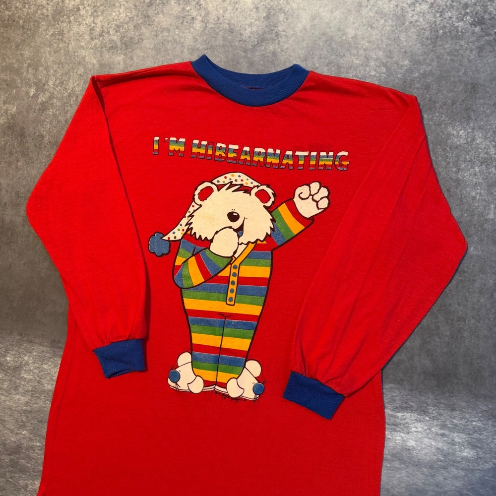 Vintage Im Hibearnating Rainbow Bear Nightshirt Red Long Sleeve Sleep Shirt L - Picture 9 of 12